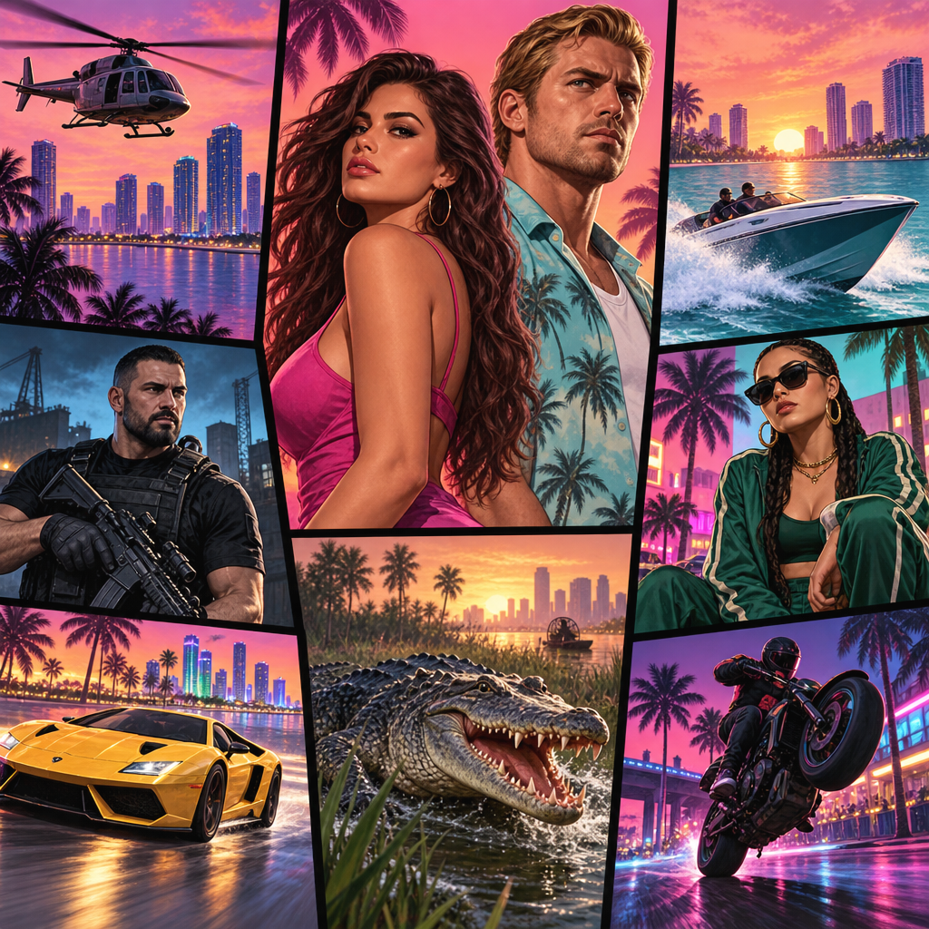 Neon coastal crime game collage